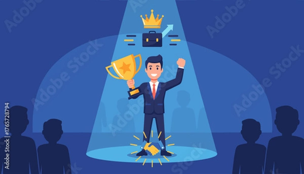 Fototapeta A triumphant businessman stands in a spotlight, holding a golden trophy and raising his fist in victory, symbolizing outstanding employee achievement, career success, and winning a competition, with