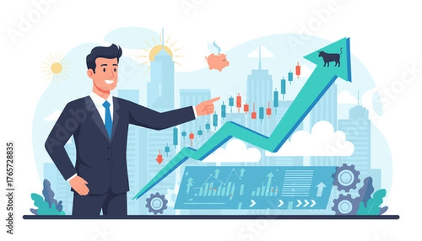Fototapeta Successful businessman pointing at a rising stock market graph with bull symbol, symbolizing business growth and financial success, against a city skyline backdrop with flying piggy bank and gears