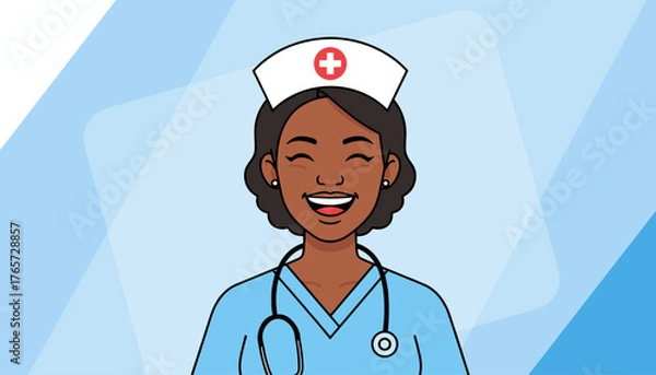 Fototapeta Portrait of a smiling African woman nurse wearing a light blue uniform and cap with a red cross, holding a stethoscope, conveying care and professionalism in a modern flat illustration style with a