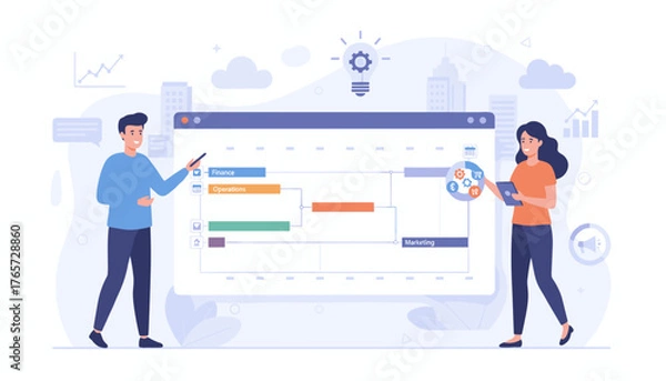 Fototapeta Modern flat illustration of a project manager and a team member collaborating on a Gantt chart schedule, symbolizing business planning, task management, and strategic development with icons for