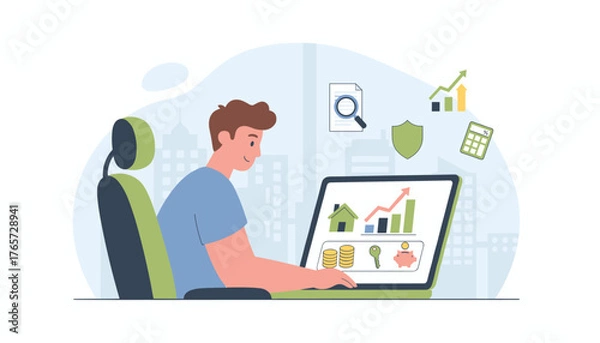 Fototapeta Concept of real estate investment and financial growth illustrated by a person using a laptop, displaying charts, coins, a house, a key, a piggy bank, a shield, and a calculator, symbolizing wealth