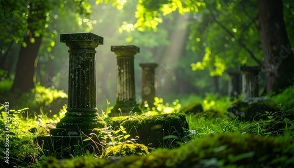 Obraz Moss-covered pillars in lush green forest bathed in sunlight, creating a serene, ancient ruin atmosphere