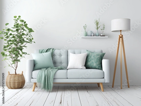 Obraz 観葉植物と北欧風インテリアソファが調和する明るいナチュラルリビングルーム