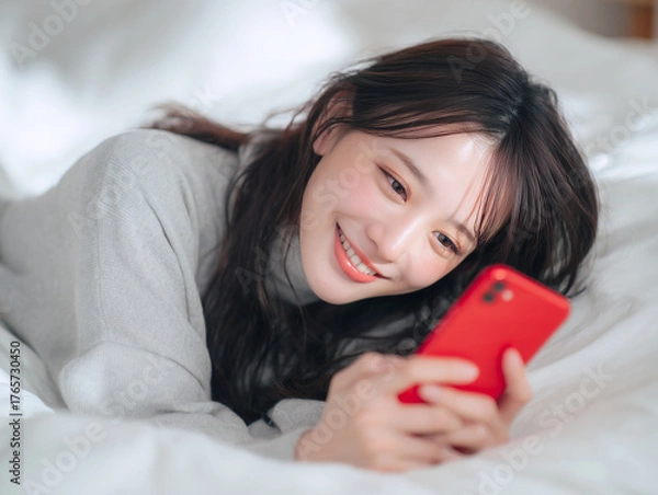 Fototapeta ベッドで赤いスマートフォンを見て明るい笑顔を見せる美しい若い女性のリラックスした瞬間