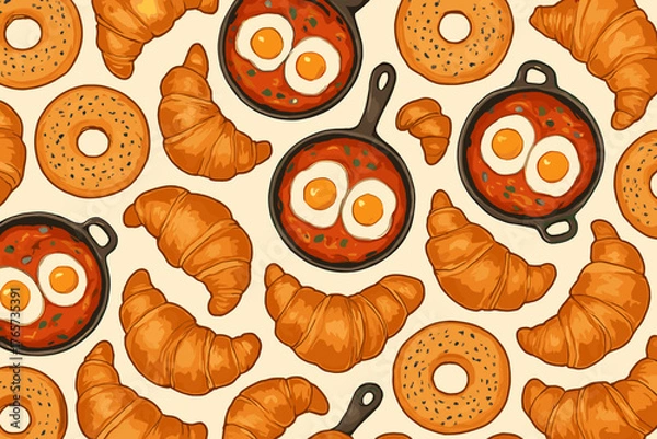 Fototapeta Seamless breakfast pattern with croissants, bagels, and eggs