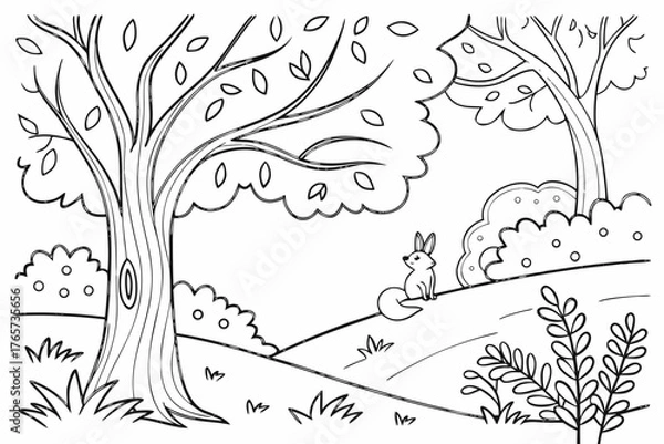 Obraz A highly detailed whimsical forest with curvy trees, hidden friendly animals (rabbits, foxes, birds), and flowing foliage, line art, coloring book page, crisp black outline, pure white background, no 