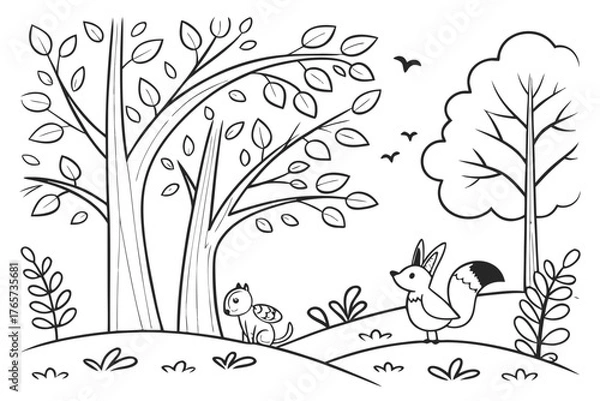 Obraz A highly detailed whimsical forest with curvy trees, hidden friendly animals (rabbits, foxes, birds), and flowing foliage, line art, coloring book page, crisp black outline, pure white background, no 