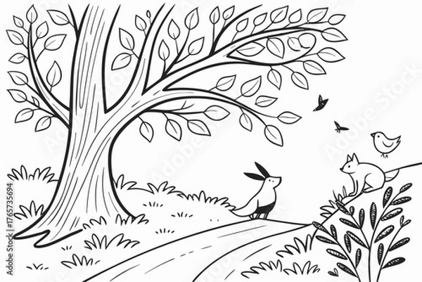 Obraz A highly detailed whimsical forest with curvy trees, hidden friendly animals (rabbits, foxes, birds), and flowing foliage, line art, coloring book page, crisp black outline, pure white background, no 