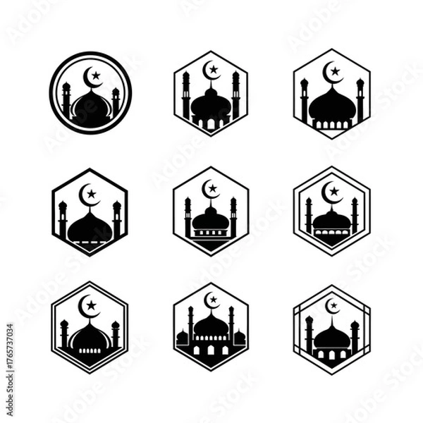 Obraz Nine black and white mosque silhouette logos with crescent moon and star in various geometric shapes.