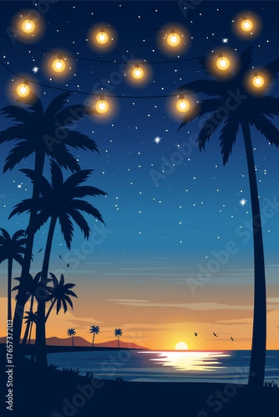 Fototapeta Tropical night beach with glowing string lights, palm trees, and sunset over the ocean. Relaxing summer evening vector illustration for travel, vacation, or resort themes