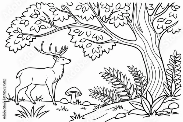 Obraz A serene woodland scene featuring a majestic stag standing among detailed oak trees, ferns, and various mushrooms, line art, coloring book page for adults, single continuous black line on white backgr