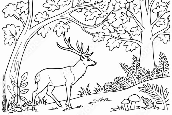 Obraz A serene woodland scene featuring a majestic stag standing among detailed oak trees, ferns, and various mushrooms, line art, coloring book page for adults, single continuous black line on white backgr