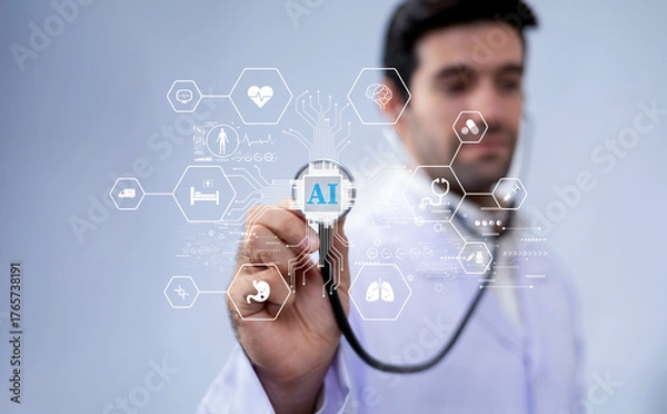 Fototapeta Doctors and the medical revolution on virtual screens and technological advancements Artificial Intelligence (AI) Deep Learning for future medical research and health technology.
