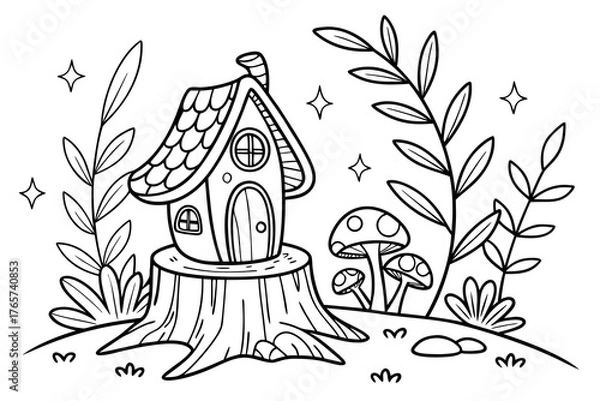 Obraz An enchanted forest clearing with a detailed fairy house on a tree stump, surrounded by glowing mushrooms, magical vines, and sparkling leaves, line art, coloring page, clean black outline, white back