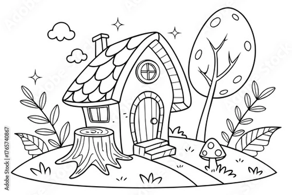 Obraz An enchanted forest clearing with a detailed fairy house on a tree stump, surrounded by glowing mushrooms, magical vines, and sparkling leaves, line art, coloring page, clean black outline, white back