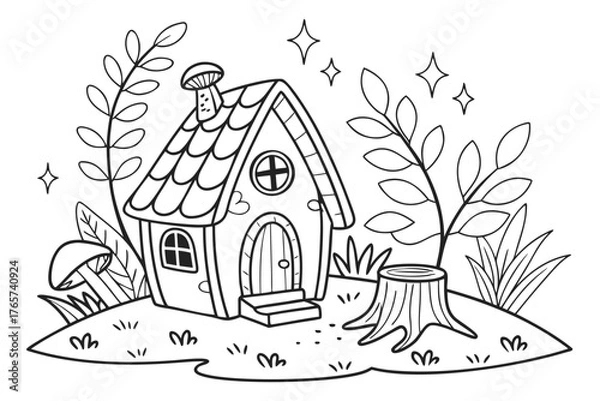 Obraz An enchanted forest clearing with a detailed fairy house on a tree stump, surrounded by glowing mushrooms, magical vines, and sparkling leaves, line art, coloring page, clean black outline, white back