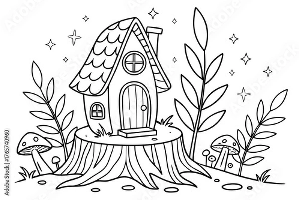 Obraz An enchanted forest clearing with a detailed fairy house on a tree stump, surrounded by glowing mushrooms, magical vines, and sparkling leaves, line art, coloring page, clean black outline, white back