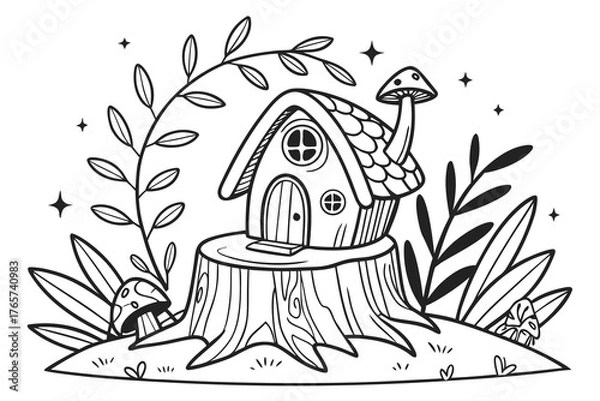 Obraz An enchanted forest clearing with a detailed fairy house on a tree stump, surrounded by glowing mushrooms, magical vines, and sparkling leaves, line art, coloring page, clean black outline, white back