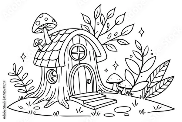Obraz An enchanted forest clearing with a detailed fairy house on a tree stump, surrounded by glowing mushrooms, magical vines, and sparkling leaves, line art, coloring page, clean black outline, white back