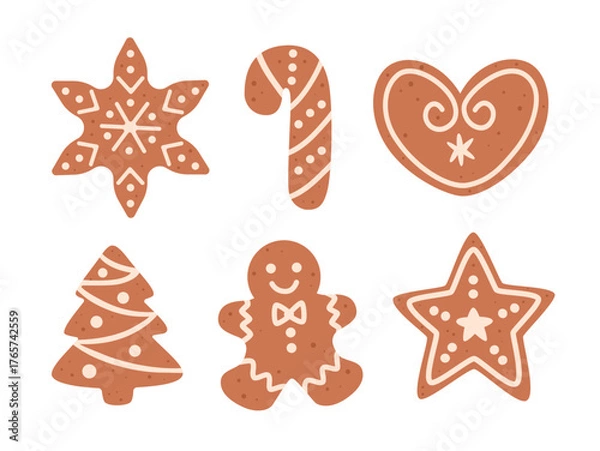 Obraz Gingerbread cookies set. Vector illustration of Christmas baking. Cartoon flat style.