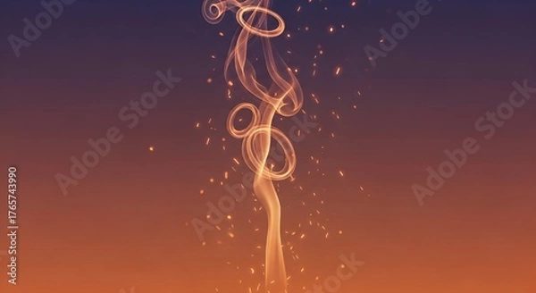 Fototapeta Abstract flowing smoke design with glowing swirls and embers on gradient orange and purple background