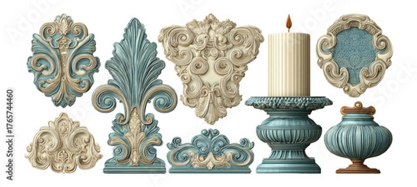 Obraz Decorative Elements with Candle and Ornamental Designs on Transparent Background