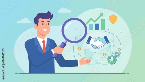 Fototapeta Business collaboration concept: a smiling businessman in a suit holds a magnifying glass, examining a handshake icon, gears, and financial growth charts, symbolizing trust, partnership, and strategic