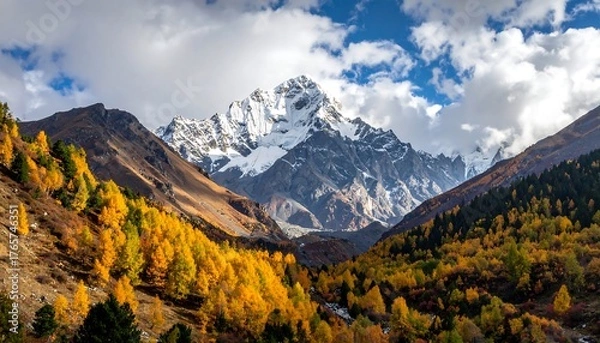Fototapeta Scenic mountain valley in autumn, trees in golden hues, snow-capped peaks under a cloudy blue sky