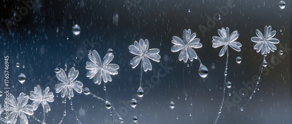 Fototapeta Delicate crystalline flower frost pattern from translucent raindrop. serene abstract winter background with cold moisture