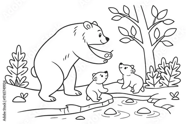 Obraz A cute bear family (mother and two cubs) playing near a small stream in the forest, line art, coloring page, clean black outline, white background, no fill, no shading, no colors, vector illustration