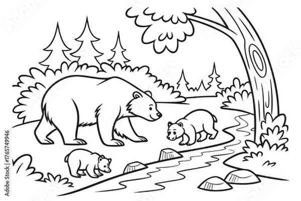 Obraz A cute bear family (mother and two cubs) playing near a small stream in the forest, line art, coloring page, clean black outline, white background, no fill, no shading, no colors, vector illustration