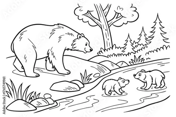 Obraz A cute bear family (mother and two cubs) playing near a small stream in the forest, line art, coloring page, clean black outline, white background, no fill, no shading, no colors, vector illustration