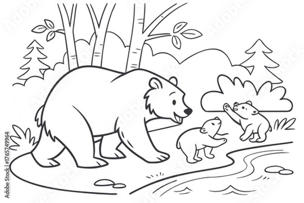 Obraz A cute bear family (mother and two cubs) playing near a small stream in the forest, line art, coloring page, clean black outline, white background, no fill, no shading, no colors, vector illustration