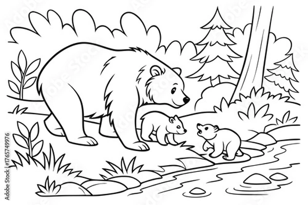 Obraz A cute bear family (mother and two cubs) playing near a small stream in the forest, line art, coloring page, clean black outline, white background, no fill, no shading, no colors, vector illustration