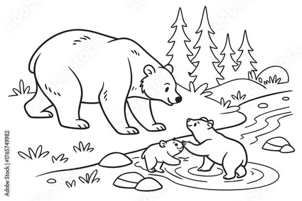 Obraz A cute bear family (mother and two cubs) playing near a small stream in the forest, line art, coloring page, clean black outline, white background, no fill, no shading, no colors, vector illustration