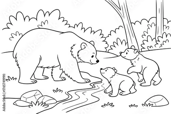 Obraz A cute bear family (mother and two cubs) playing near a small stream in the forest, line art, coloring page, clean black outline, white background, no fill, no shading, no colors, vector illustration