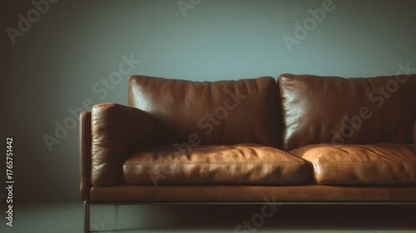 Fototapeta Contemporary brown leather sofa bathed in golden hour light, soft neutral background, stylish mockup for artwork or brand presentation