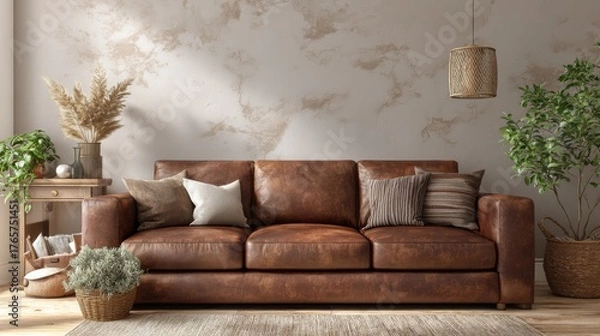 Fototapeta Contemporary brown leather couch placed against neutral wall, cozy interior lit by soft warm light, modern living room mockup concept