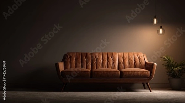 Fototapeta Elegant brown leather sofa illuminated by warm ambient lighting in minimalist living room mockup, empty wall space for design placement, serene atmosphere