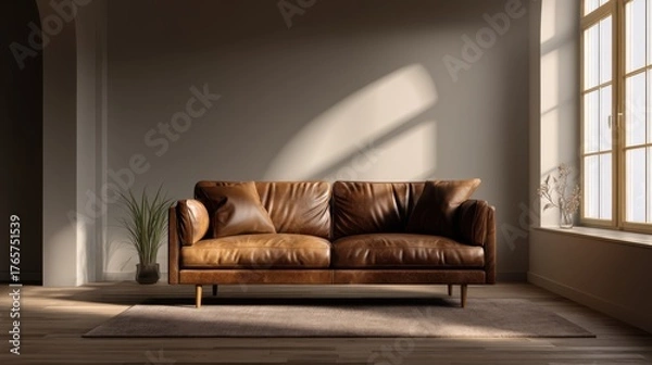 Fototapeta Elegant warm lit brown leather sofa centered in a cozy minimalist living room, blank background for mockup presentation, serene and refined