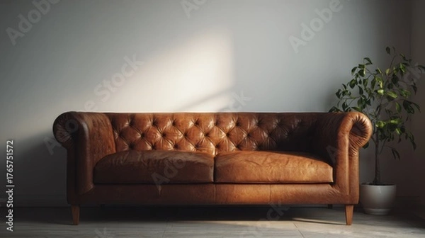 Fototapeta Elegant warm lit brown leather sofa centered in a cozy minimalist living room, blank background for mockup presentation, serene and refined