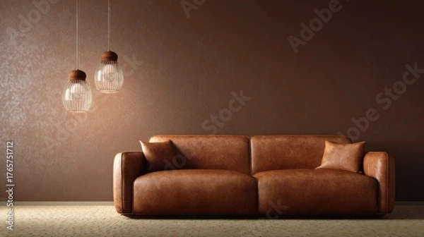 Fototapeta Minimalist interior setup featuring brown leather sofa, warm ambient lighting, clean wall space ready for design placement, cozy and elegant vibe
