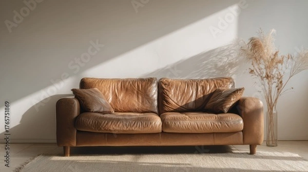 Fototapeta Stylish warm brown leather couch in bright natural light, neutral beige background, minimal interior mockup for poster or artwork presentation, cozy aesthetic