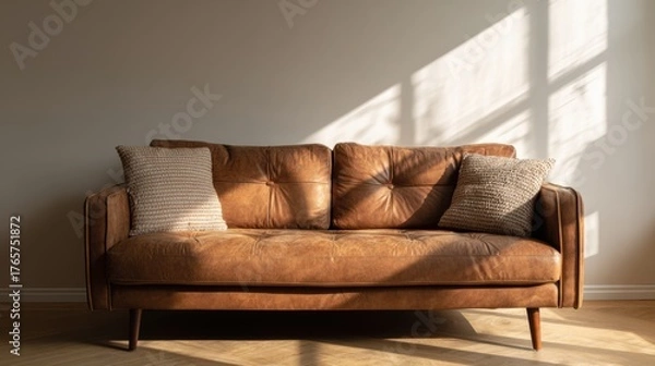 Fototapeta Stylish warm brown leather couch in bright natural light, neutral beige background, minimal interior mockup for poster or artwork presentation, cozy aesthetic