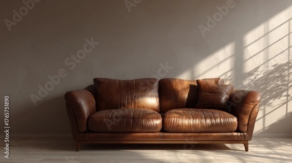 Fototapeta Warm cozy living room interior with brown leather sofa, natural sunlight casting shadows, simple blank wall mockup for creative display