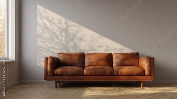 Fototapeta Warm cozy living room interior with brown leather sofa, natural sunlight casting shadows, simple blank wall mockup for creative display