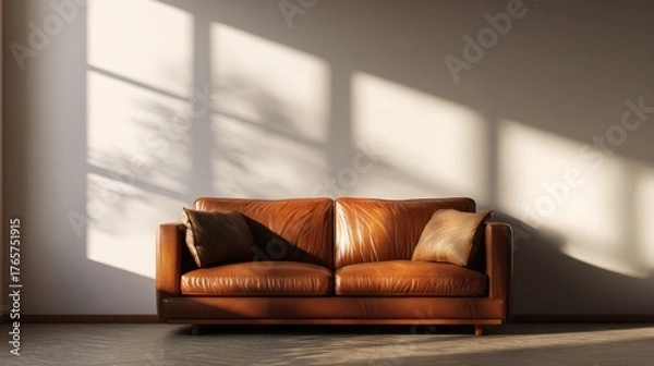 Fototapeta Warm cozy living room interior with brown leather sofa, natural sunlight casting shadows, simple blank wall mockup for creative display