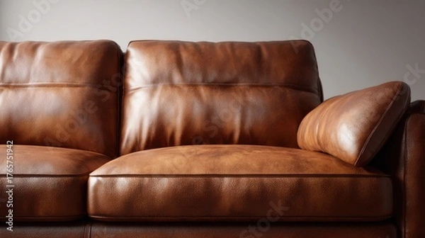 Fototapeta Warm light over classic brown leather couch with smooth texture, white background for easy product mockup, inviting modern living room vibe