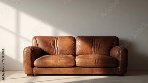 Fototapeta Warm lit brown leather sofa against a clean neutral wall, cozy modern interior mockup for branding or artwork, soft daylight, minimal home decor, no text, no logo