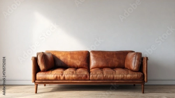 Fototapeta Warm lit brown leather sofa against a clean neutral wall, cozy modern interior mockup for branding or artwork, soft daylight, minimal home decor, no text, no logo